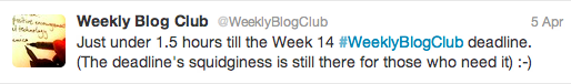 @WeeklyBlogClub tweets about the "Squidy Deadline"