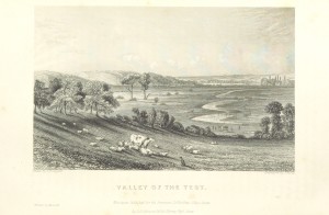 Detailed drawing depicting sheep and a dog in the foreground, with horse, cart and people in the background and a river meandering in to the distance