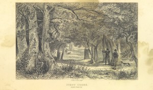 Drawing depicting two hunters and their dog in the foreground, with a pair of deer in the background