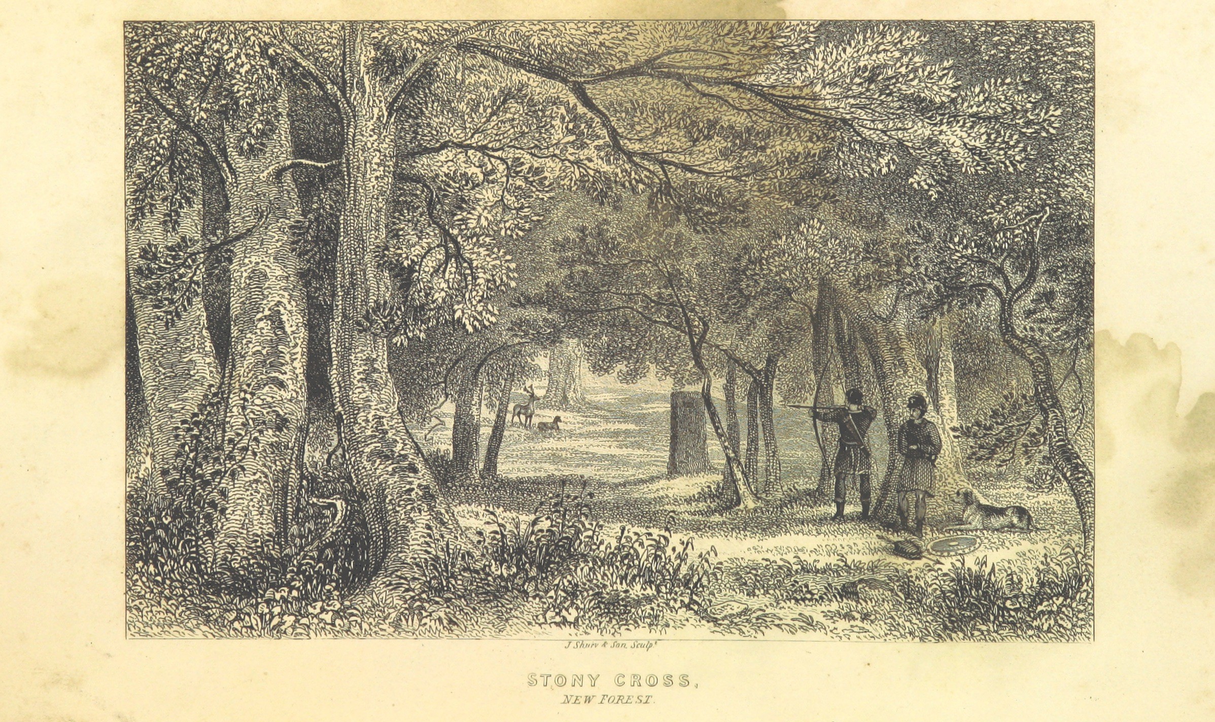 Engraving depicting two hunters and their dog with a pair of deer standing in the background