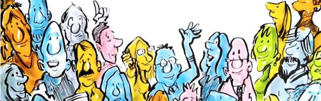 Cartoon showing a group of happy-looking people